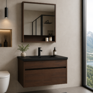 Servantskap 60 cm Brun, inkl vask og speilskap – Norbad 9095